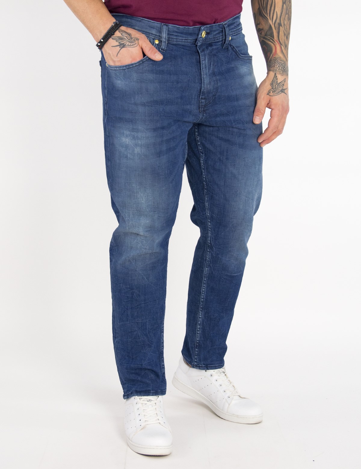 Ανδρικό ελαστικό Τζιν Παντελόνι Πλυμένο πεντάτσεπο με κουμπιά OD51321 φωτογραφία